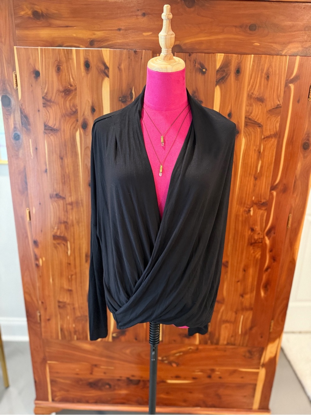 NWT Alya Black Draped Cross Front High/Low Wrap Long Sleeve Top Size Small